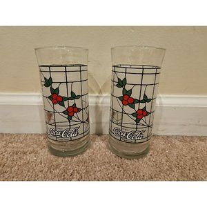 Set of 2 Coca Cola Glasses Stained Glass Flower Design 6''
